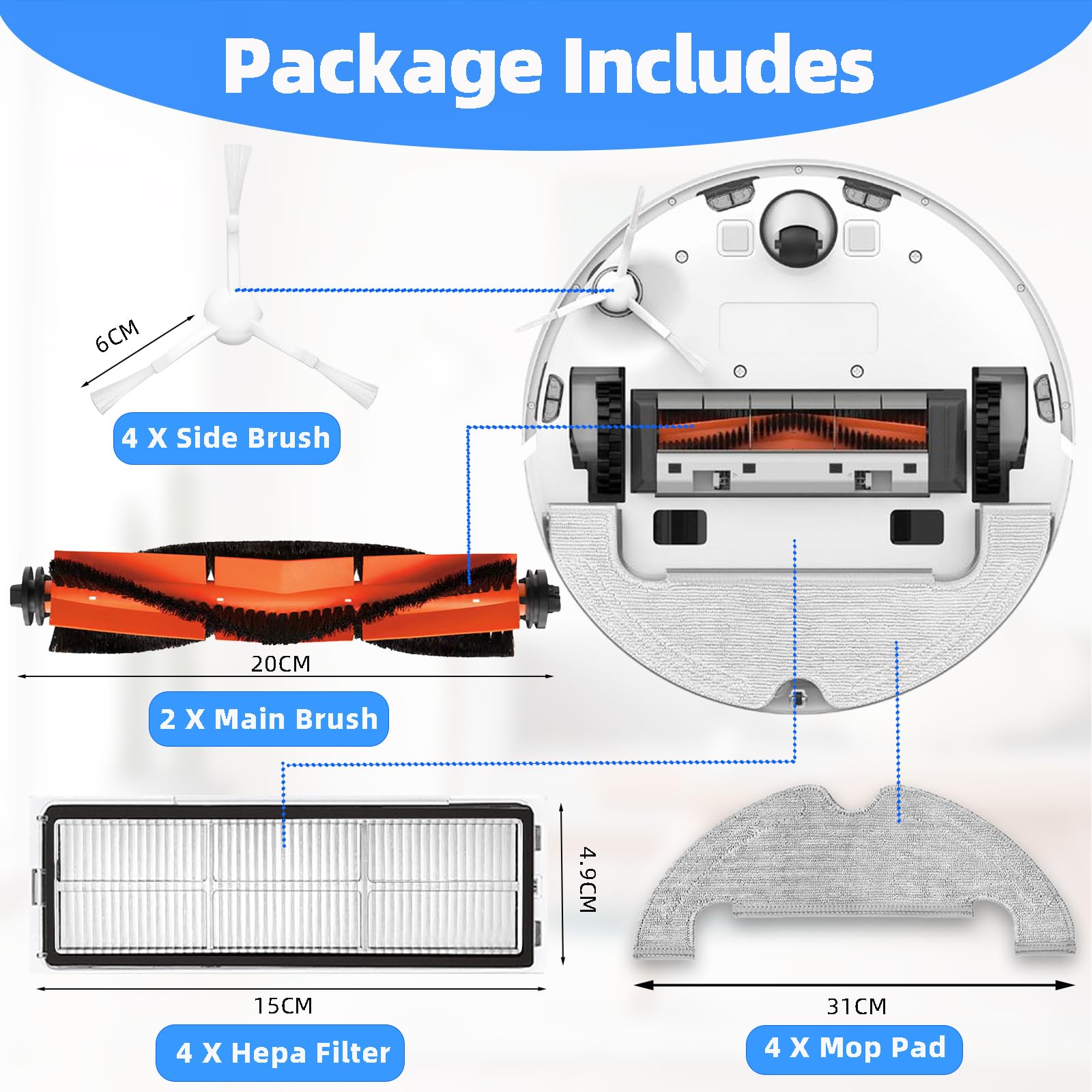 Kit Accessori di Ricambi per Dreame D10 Plus RLS3D / Z10 Pro RLS5D / L10 Plus Robot Aspirapolvere, 2 Spazzola Principale, 4 Spazzole Laterali, 4 Filtro Hepa, 4 Panni Mop, 4 Sacchetti