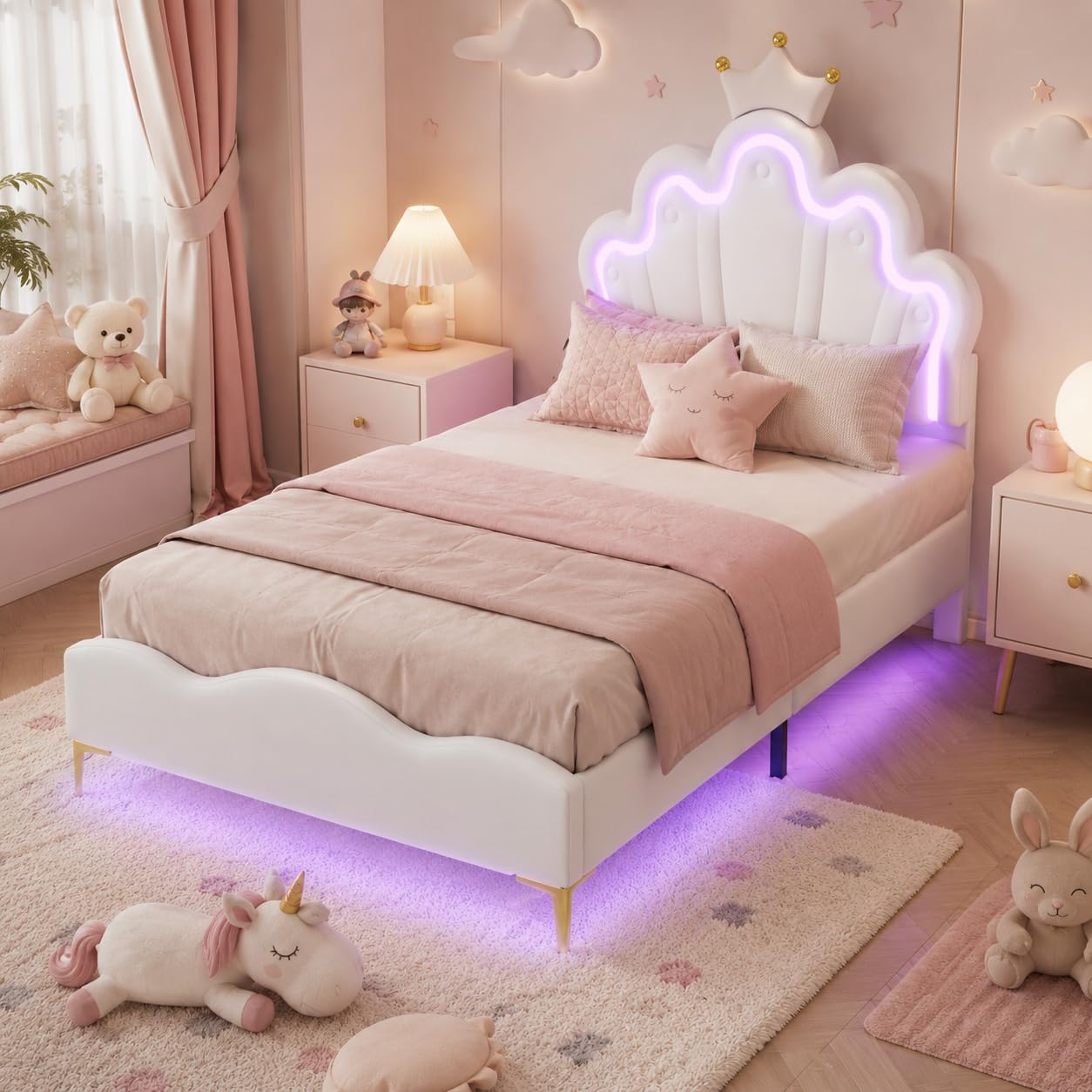 Cama infantil tapizada de 90 x 190 cm con iluminación LED, cama individual con cabecero ajustable en forma de nube con corona, marco de cama para niña con somier, sin colchón, poliuretano