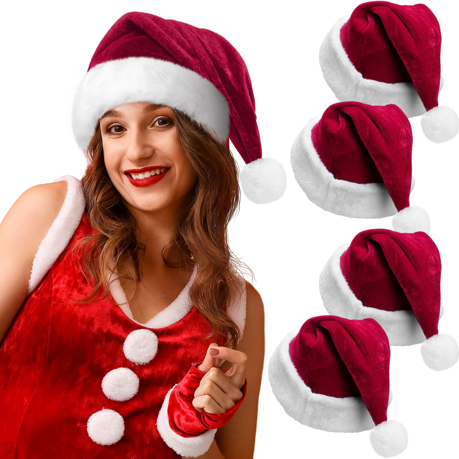 4 sombreros de Navidad para adultos, sombrero de Papá Noel con ala de felpa, sombreros de Navidad de terciopelo grueso para mujeres y hombres, accesorio de fiesta de vacaciones