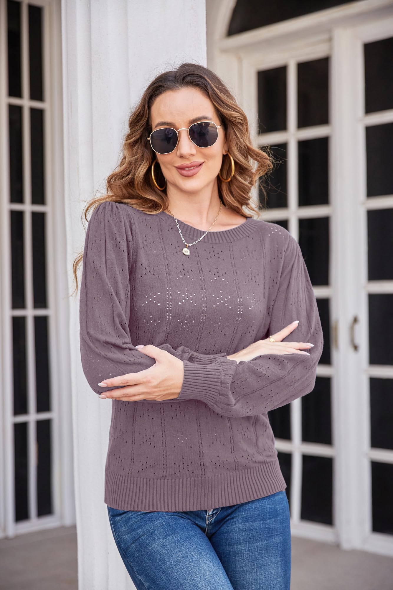 GRACE KARIN Maglia Elegante Donna a Manica Lunga con Scollo a Rotondo Tinta Unita