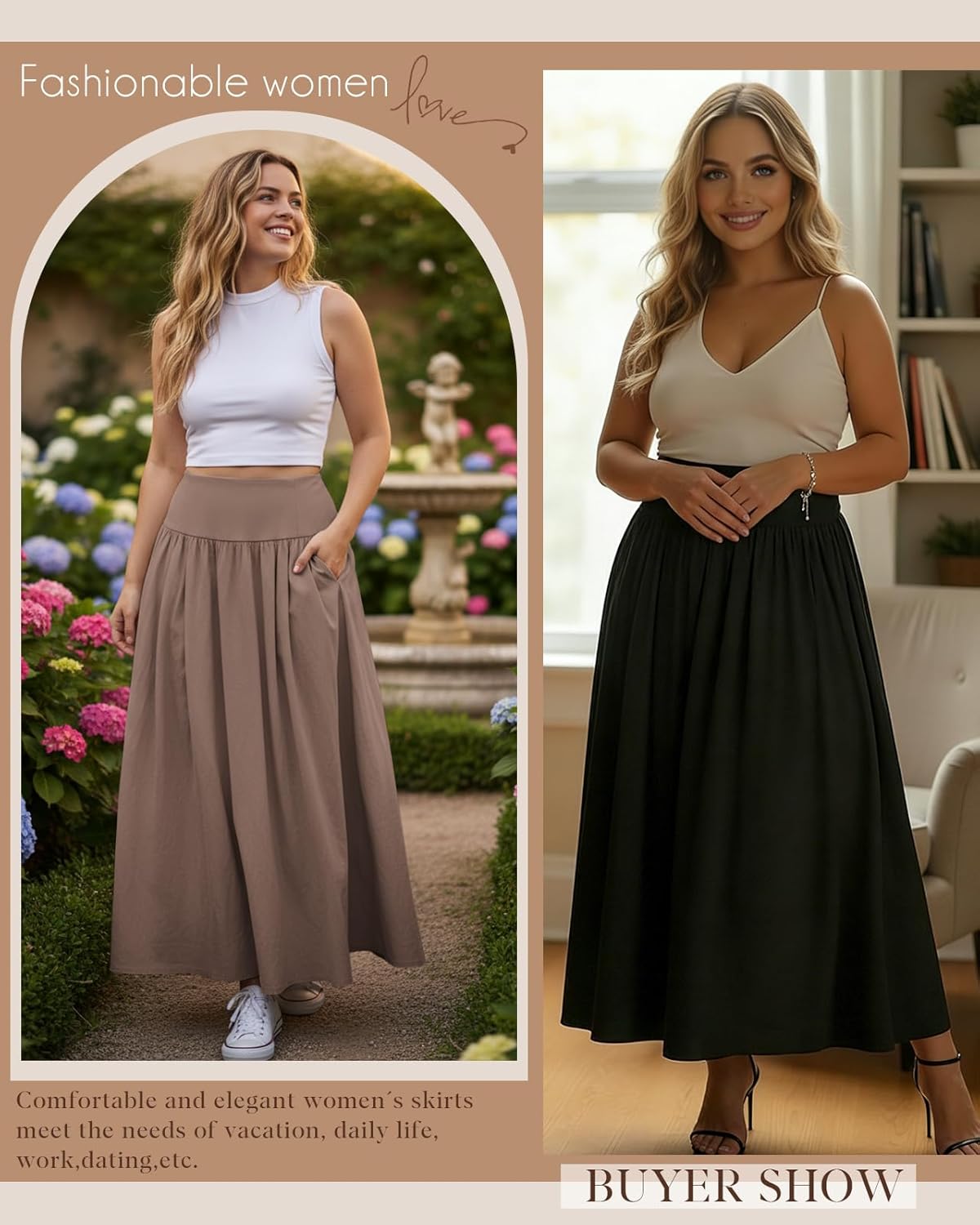 Plus Size Skirt 3 Pack Maxi Length Flowy Pleated A Line High Waisted Skirts with Pockets for Curvy Women - Image 2
