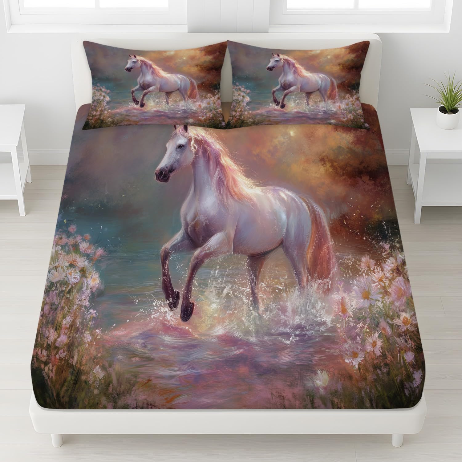 Eteryczne prześcieradło z gumką 180 x 200, fantazyjne prześcieradło z gumką, mistyczne nadrukiem dla dorosłych, motyw konia, 180 x 200 cm, na materac do 30 cm wysokości z 2 poszewkami na poduszkę