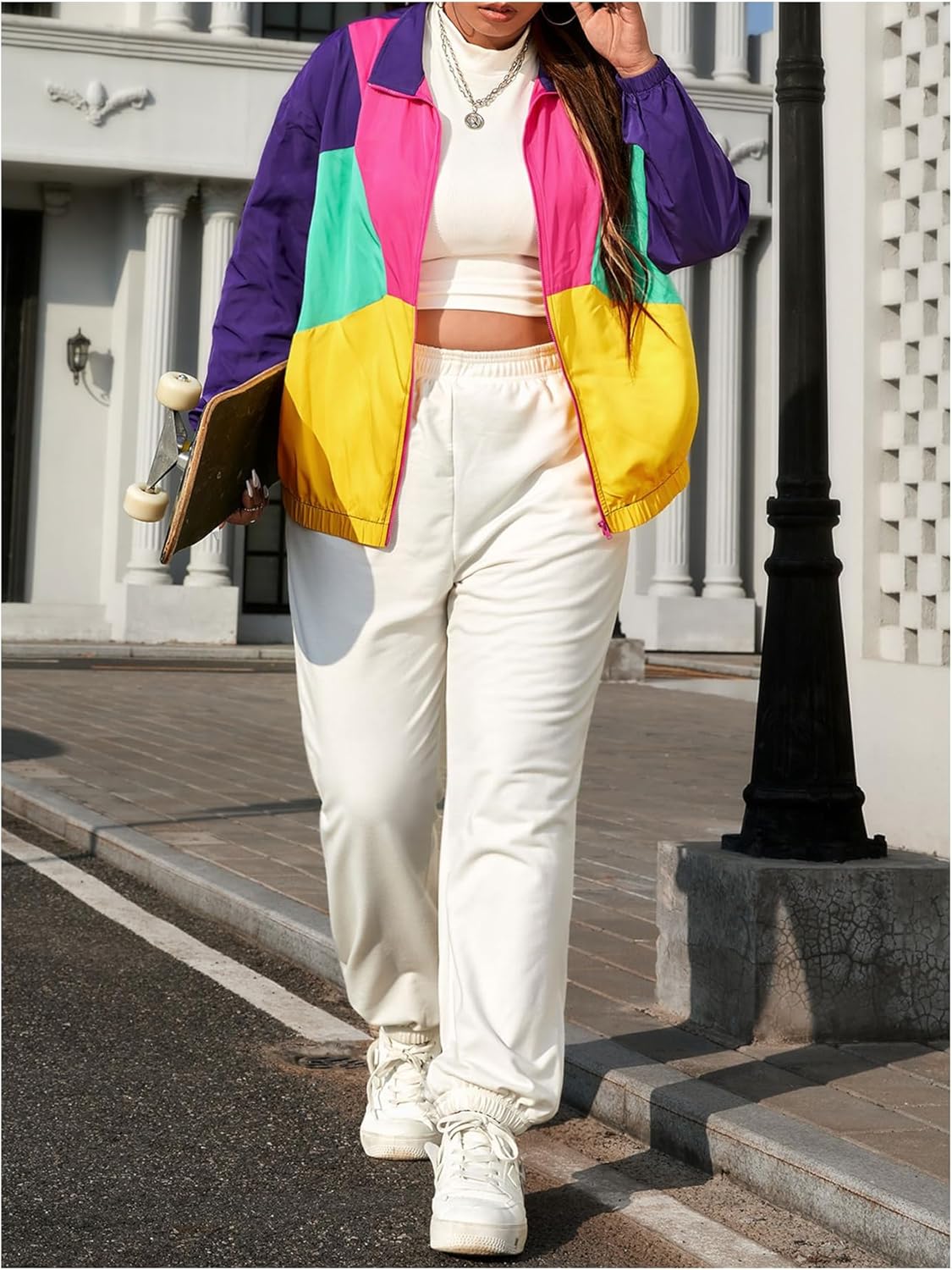 OYOANGLE Women's Plus Size Zip Up Casual Lightweight Color Block Bomber Jacket Patchwork Sporty Windbreaker Jacket - Image 4