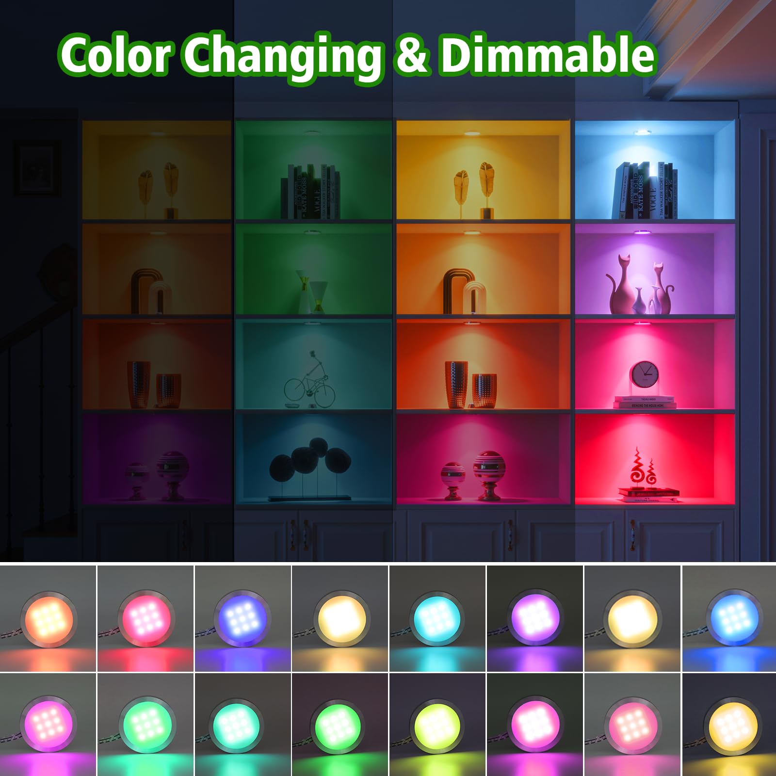 AIBOO RGB Under Cabinet Lights Kitchen with Remote 8 Pack,LED Under Cupboard Lighting Dimmable Plug in Under Cabinet Lighting Colour Changing Puck Light 12V Ultra Slim Dimmer for Kitchen,Counter,Shelf - Image 2