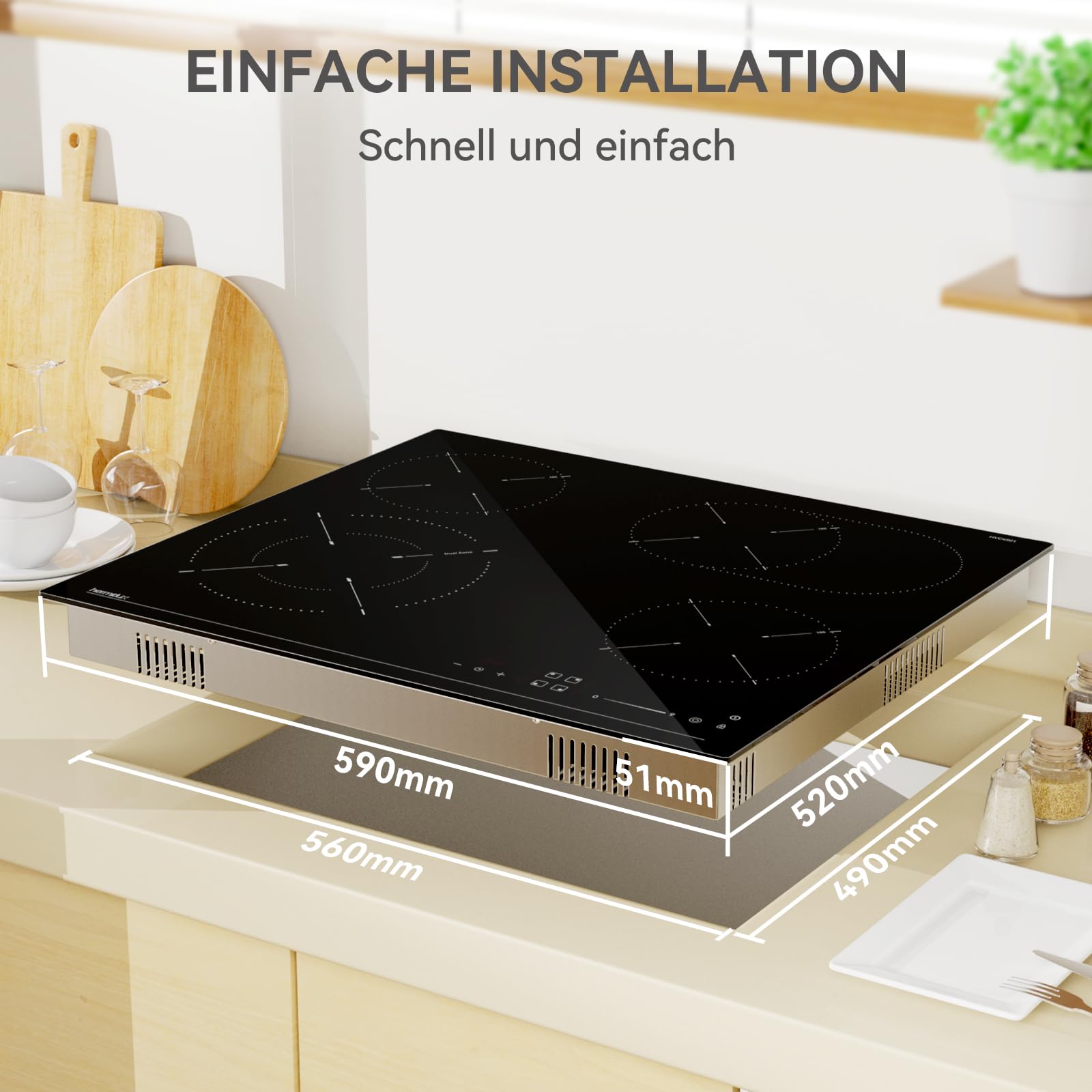 Hermitlux Glaskeramikkochfeld 59cm 4 Platten mit Duale und Ovale Zonen, 9 Heizstufen, 7200 W, Timer, Kindersicherung, Geeignet für alle Pfannen, Kein Stecker