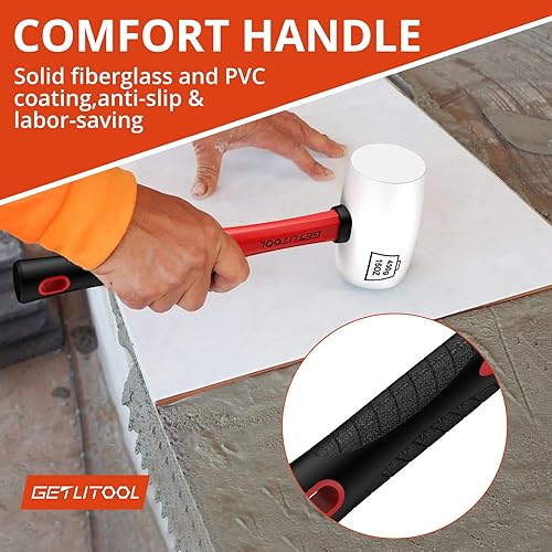 Miniatura 6 de GETLITOOL Mazo de goma de 16 onzas, martillo de goma blanco sin marcas con dos lados, mango de fibra de vidrio para instalación de azulejos, pisos,