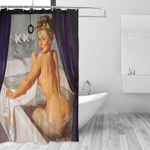 Miniatura 2 de FUNNY KIDS' HOME Cortinas de ducha retro con pin up para baño, pintura al óleo, arte de lienzo, decoración de baño, sexy dama bañándose en la