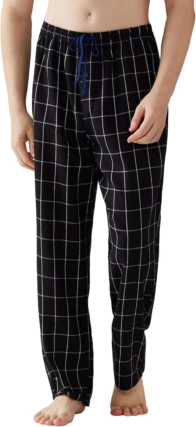 Mens Pajama Pants Flannel Cotton Plaid Sleep & Lounge Pants, PJ Bottoms with Pockets and Button Fly