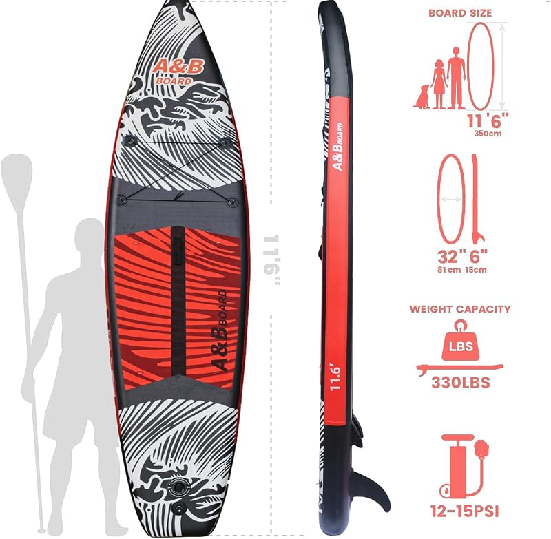 A&BBOARD Felfújható SUP Paddleboard Kezdőknek 350x81x15 cm, Fekete-Piros, 130 kg Teherbírás, Hátizsákkal, Evezővel és Kiegészítőkkel