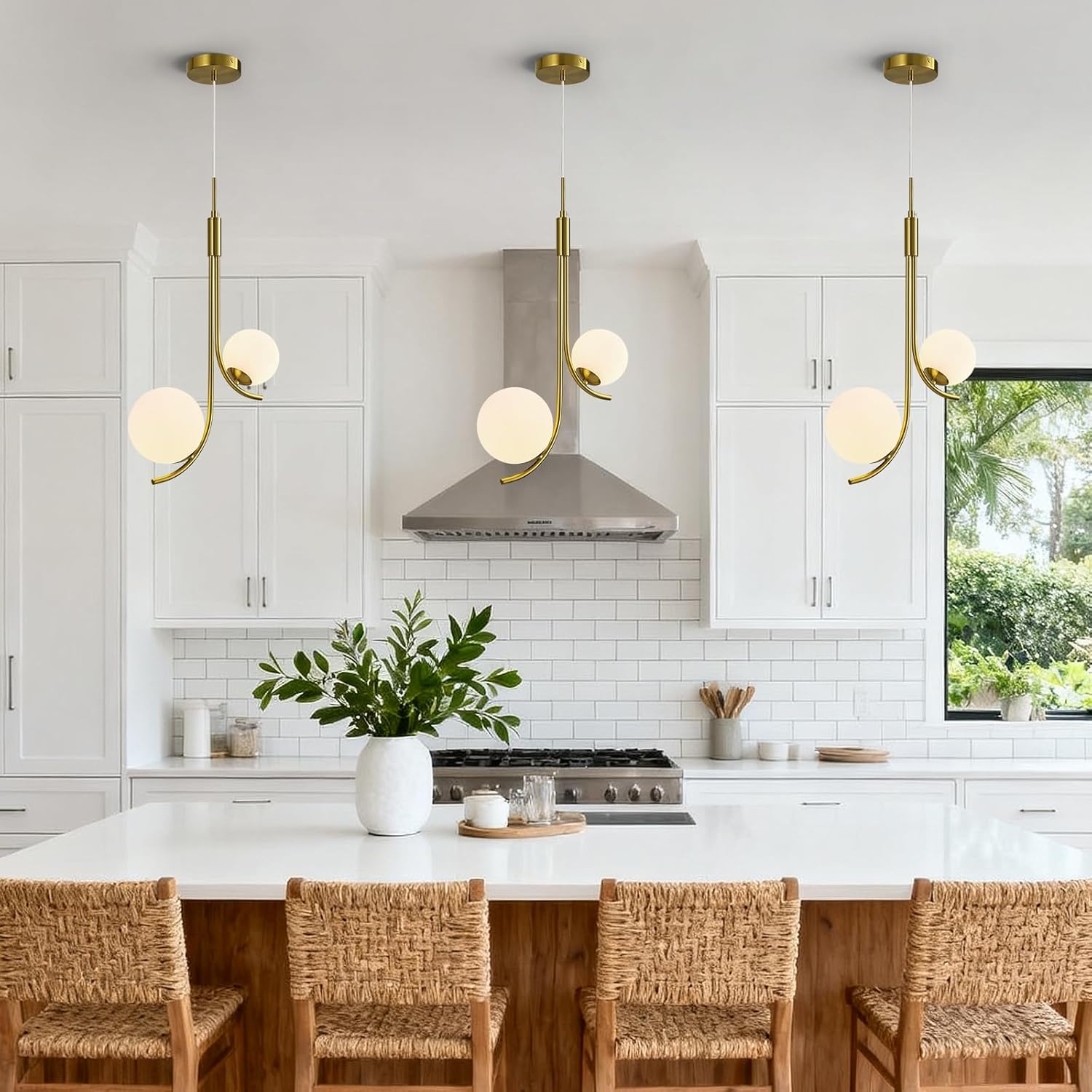 Modern Pendant Light Fixture Gold Globe Pendant Lights Kitchen Island White Frosted Milk Glass Sputnik Chandelier Vintage for Kitchen, Office, Entryway (2-Light)