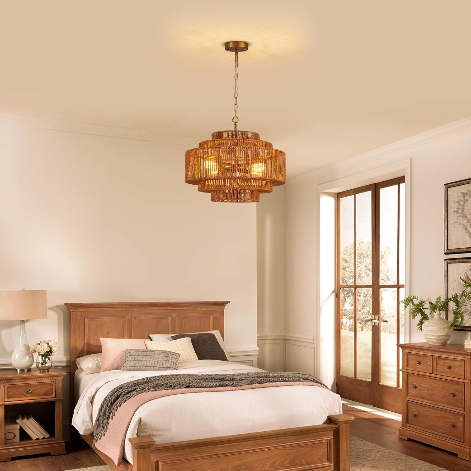 Hand-Woven Rattan Chandelier Dining Room Boho Chandelier 20in Bamboo Farmhouse Chandeliers 4-Light Vintage Light Fixtures Golden Chandeliers for Kitchen Island, Living Room, Bedroom