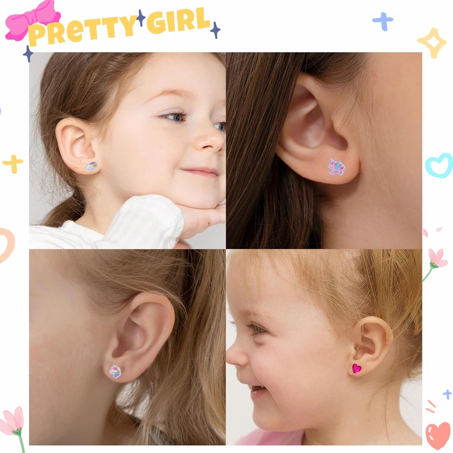 32 Pairs Spring Girls Stick on Earring 3D Self Adhesive Unicorn, Rainbow, Flower, Animal, Easter Sticker Earrings For little girls 4-6, Kids Girl Toddlers Gem Stickers