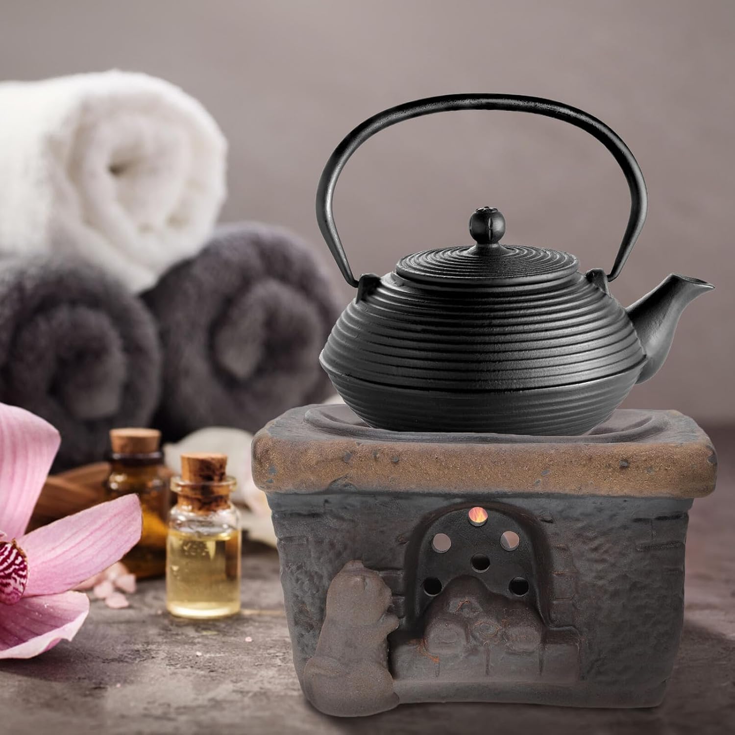 Retro Ceramic Teapot Warmer Stand with Air Circulation Design Handmade Tea Stove Base for Home Office Tea Houses Shops and Dessert Stores