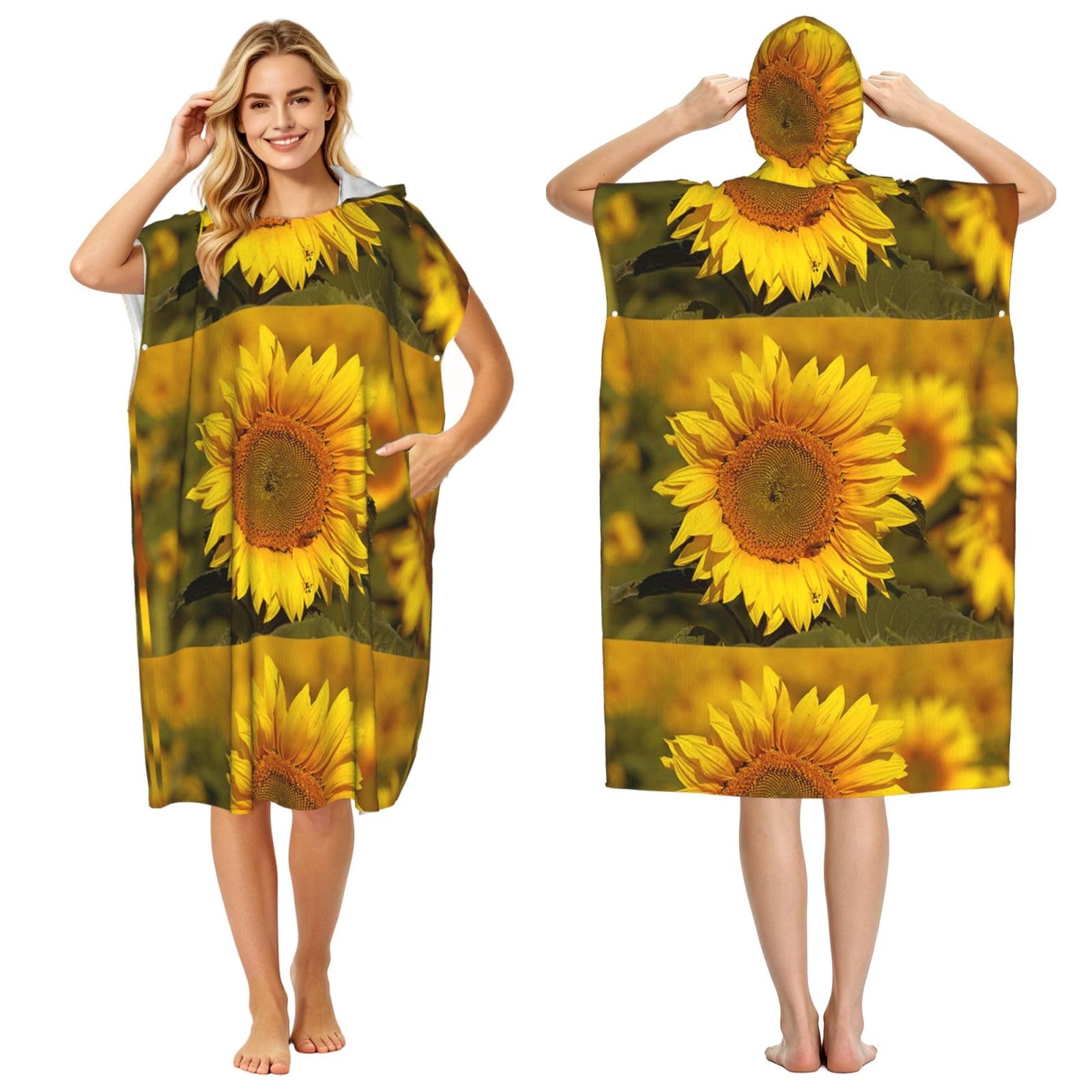 Sunflower, Adult Hooded Beach Towel 90 x 110 cm,Changing Bath Robe, Surf Poncho Towel For Women Men