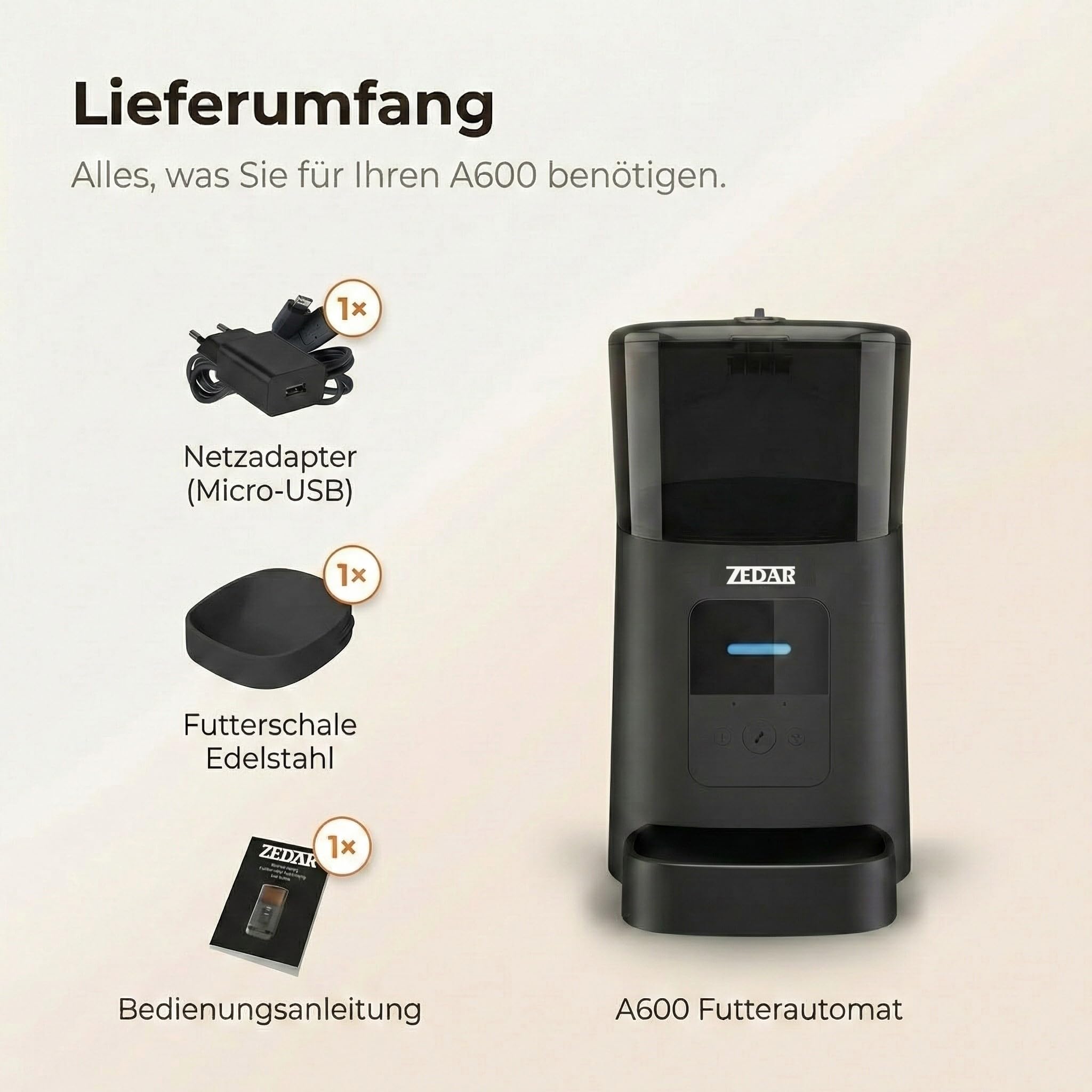 Futterautomat Katze - Edelstahl napf - 6 Liter - mit APP Steuerung - Automatischer Futterspender für Trockenfutter - Design für Katzen & Hunde - Schwarz - Zedar A600