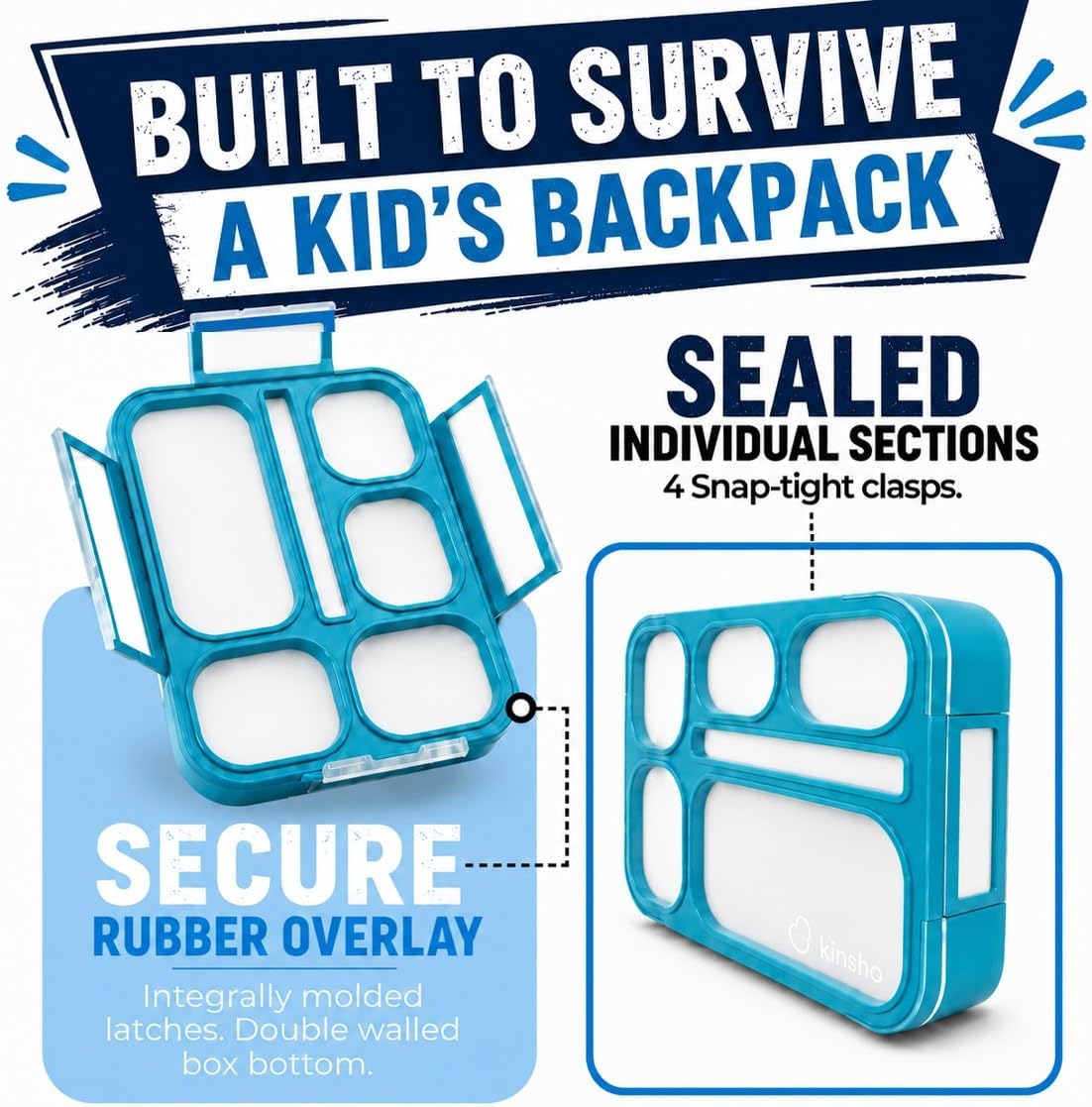 kinsho Bento Lunch Box, Ice Pack Insulated Bag for Kids, Boys, Teens, Blue