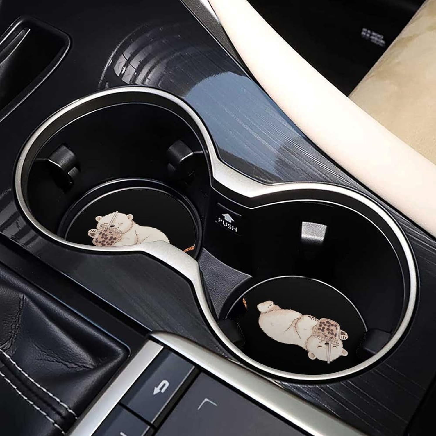 Bear Chilling with Milk Tea Car Cup Holder Coaster with Cork Base 2.6 Inches Anti Slip
