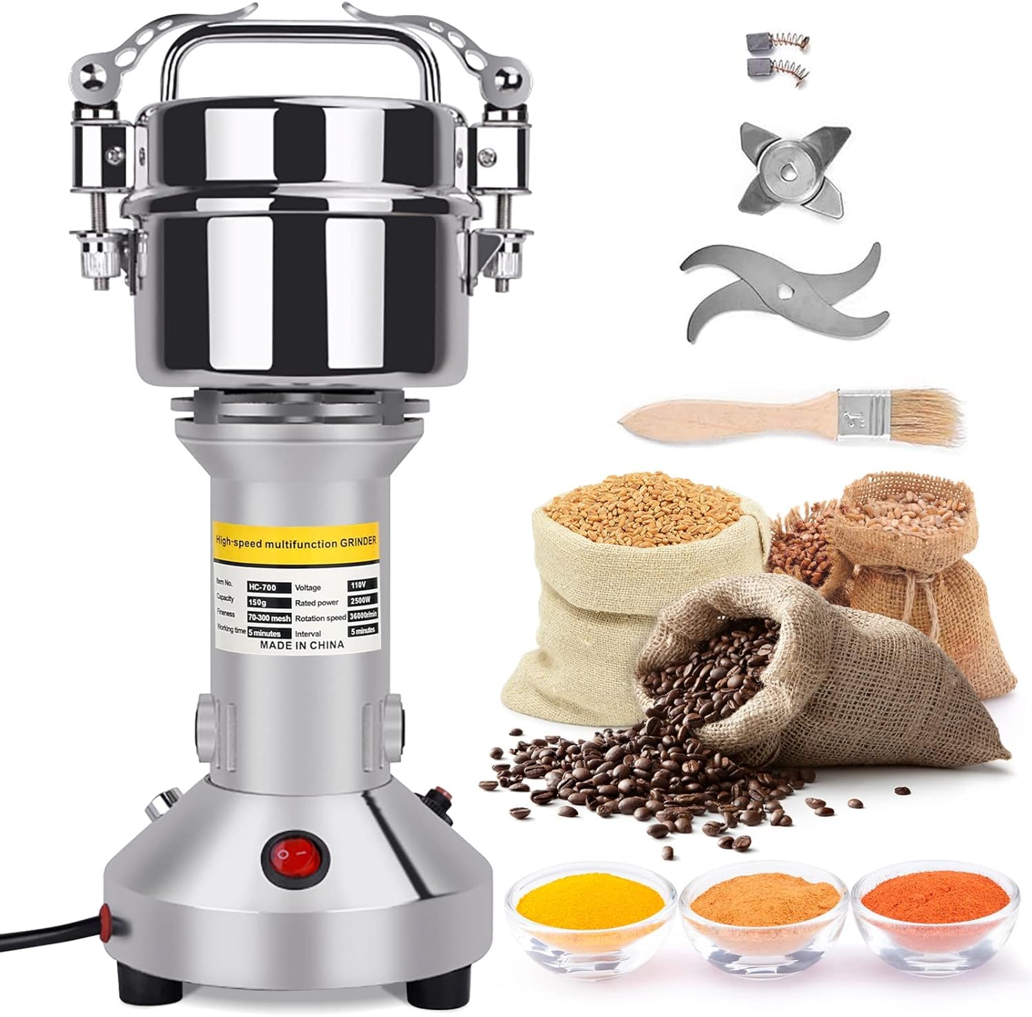 Mulino per Cereali,150g Portable Grinder 850W Macinaspezie Elettrico 3 Lame per Diversi Cereali, Erbe, Spezie, Noci