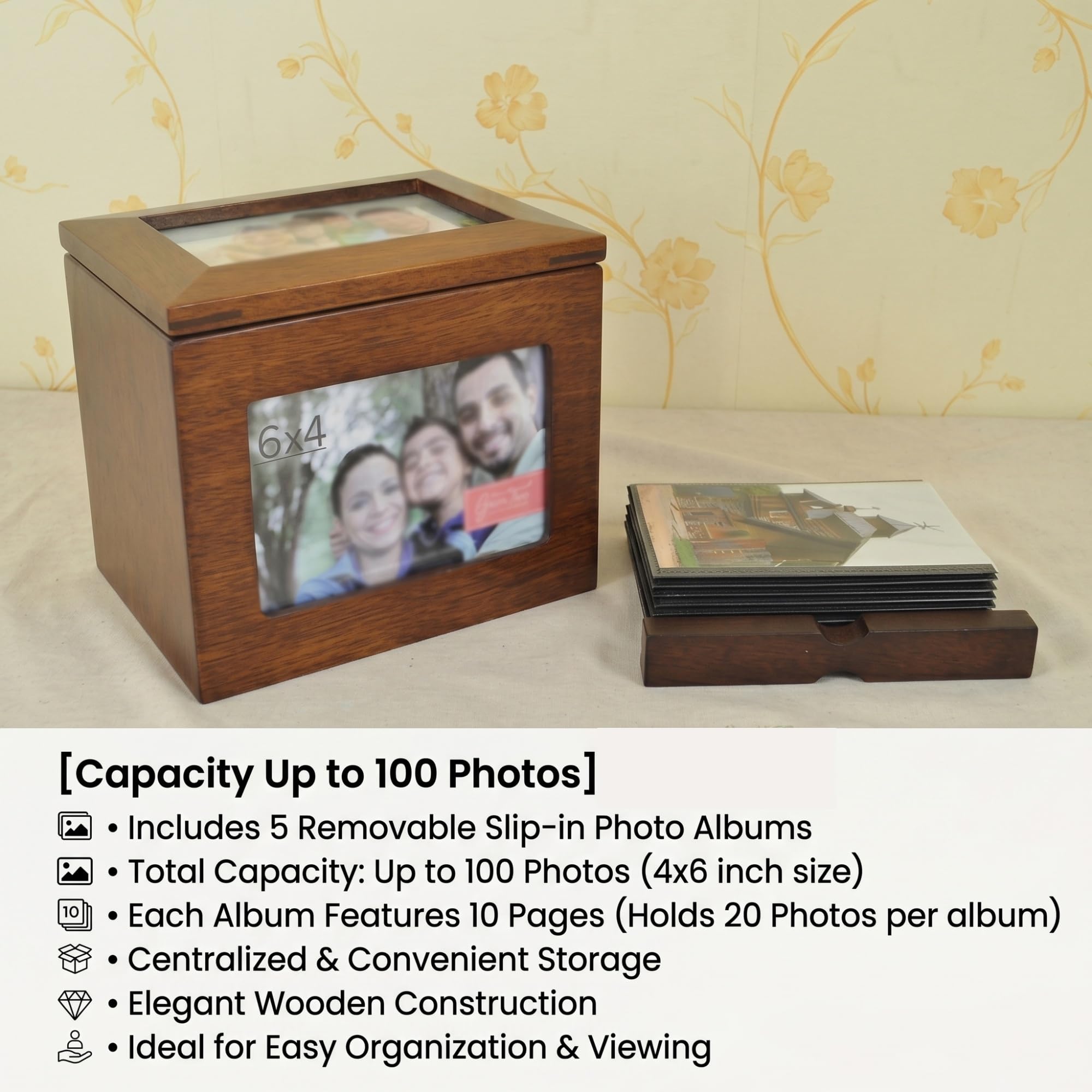 Caja de almacenamiento de álbum, caja de recuerdos de madera con 5 álbumes de fotos extraíbles para fotos de 6 x 4 pulgadas, capacidad para 100 fotos, marco de fotos para decoración del hogar