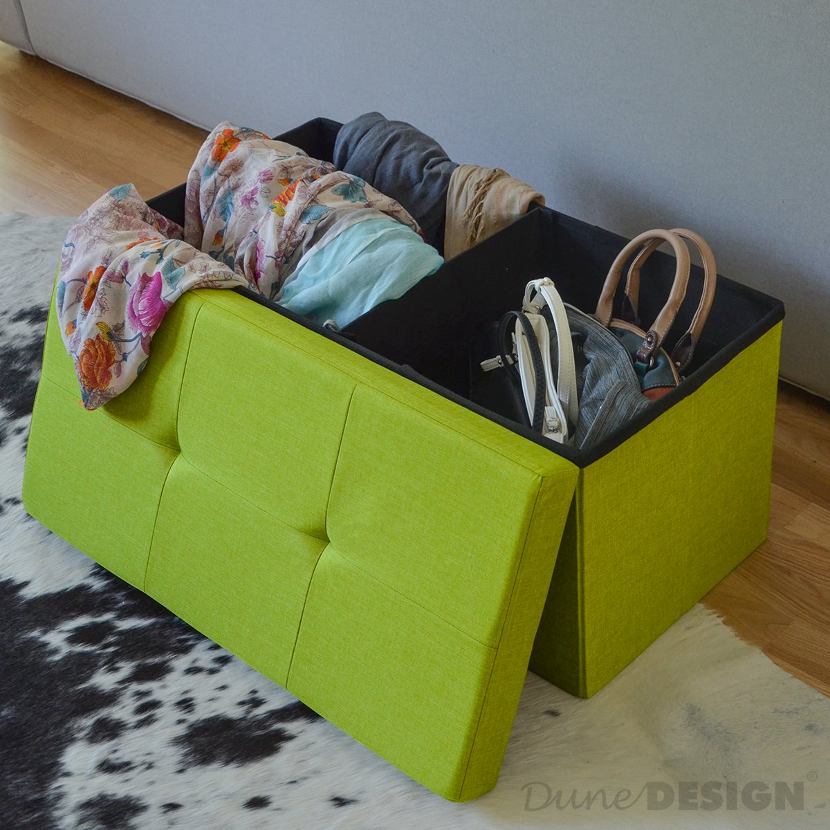 DuneDesign Banc de Rangement 76x38x38cm Coffre Pliant 80L rembourré Vert Clair