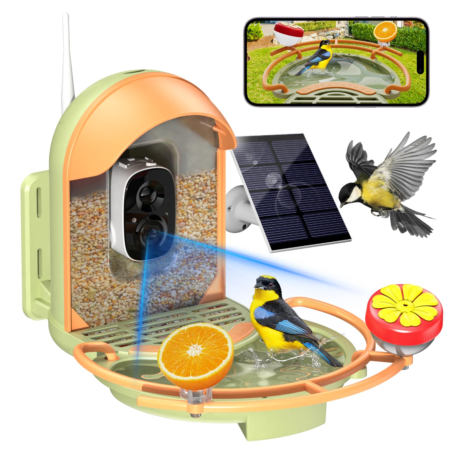 Bird Feeder with Camera, 2K HD Camera Birds Feeder with Bath Wireless Outdoor, Solar Powered Bird Watching with APP Control, Night Vision, Motion Detection Alerts, IP66 Birdfeeder for Backyard, Green