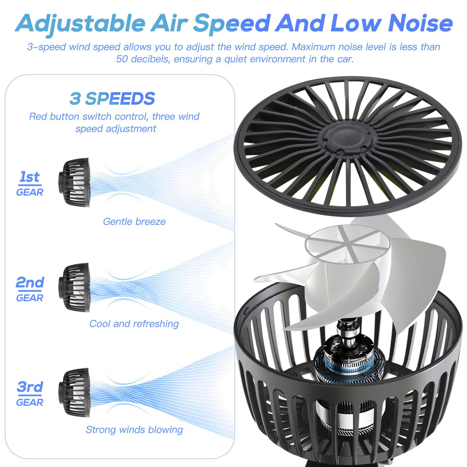 Ventilateur de voiture, 5 V 2 A, double tête, 3 vitesses, réglable, pour siège arrière, rotation à 360 °, USB