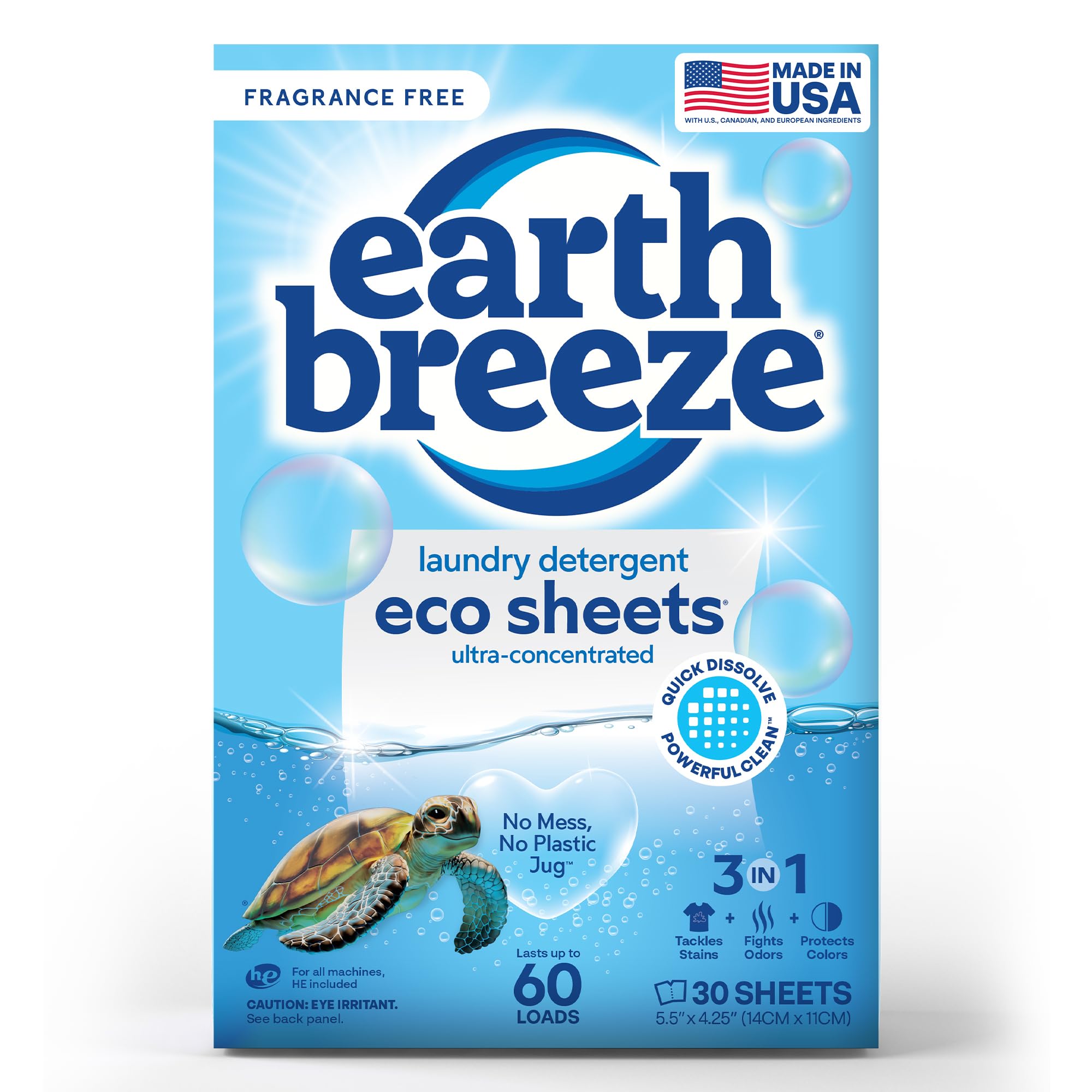 Earth Breeze Laundry Detergent Sheets Fragrance-Free - 60 Loads Eco Liquidless Soap - Travel-Friendly for Hot & Cold Cycles, Tackles Tough Stains & Odors - Gentle on Sensitive Skin, 30 Ct