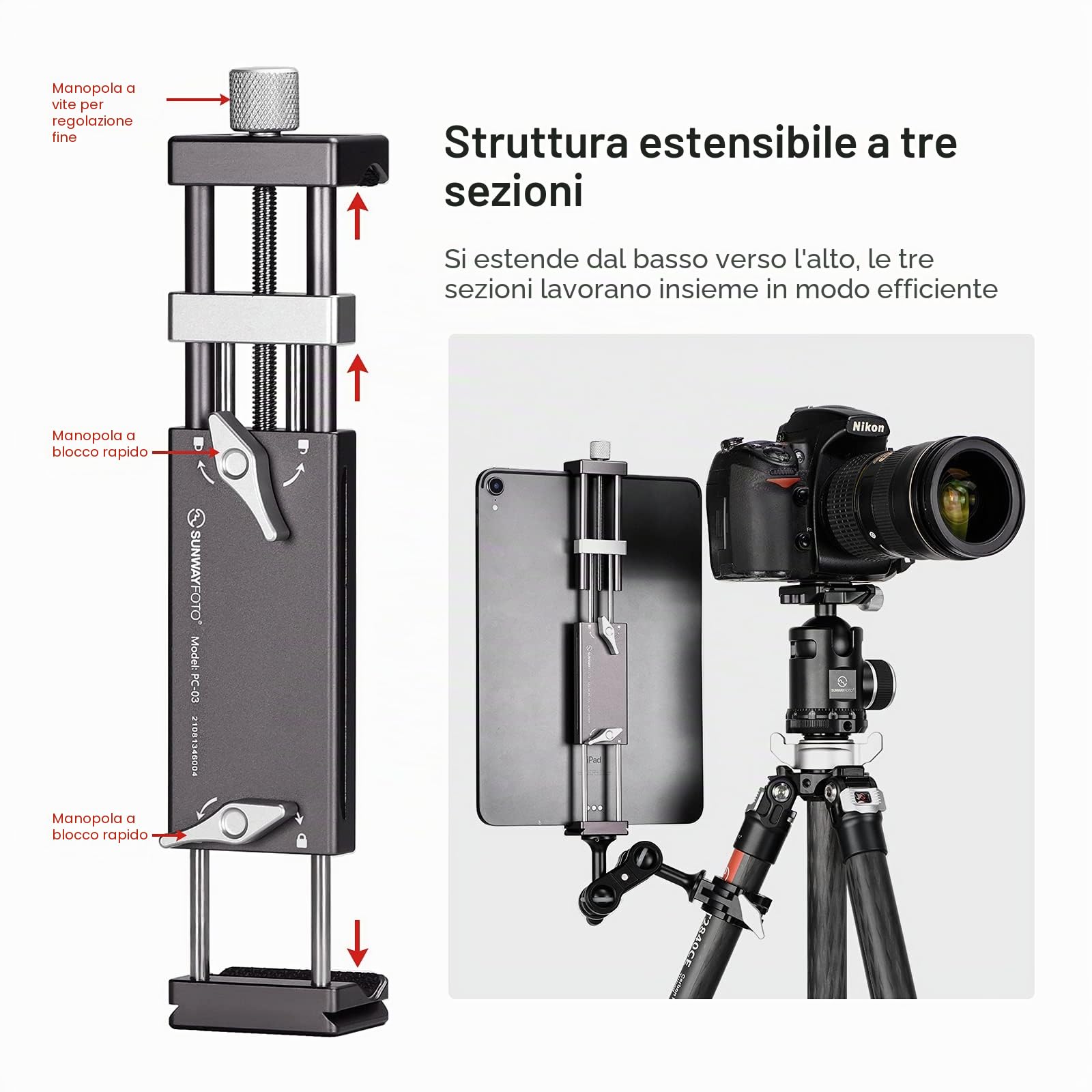 SUNWAYFOTO PC-03 Tablet Laptop Mount Smart Phone Staffa Treppiede Staffa Accessori per Ipad Pro Supporto Arca Swiss Stand Universale