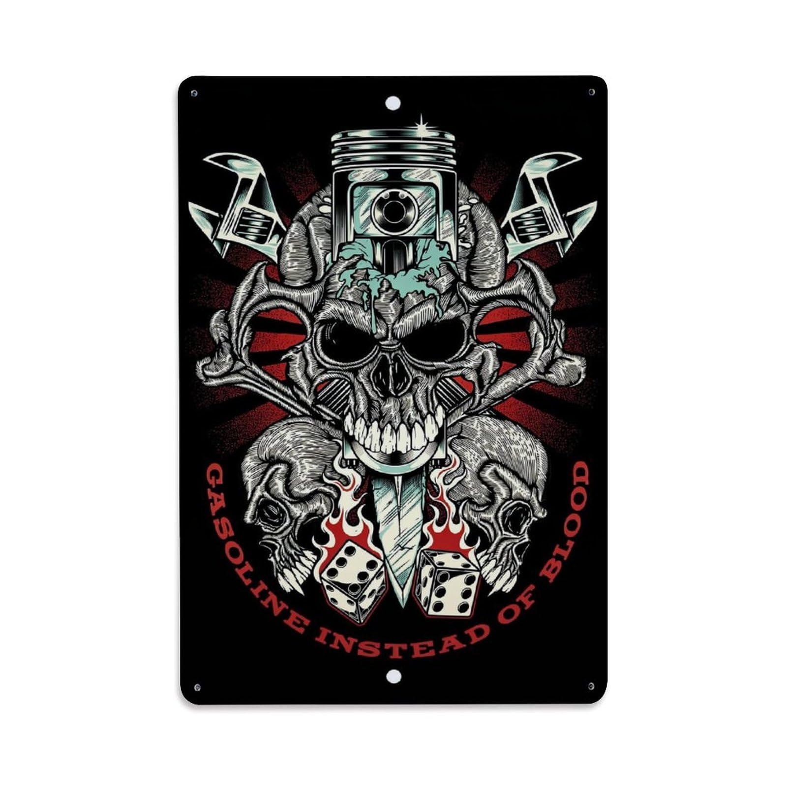 Jdfenggu Vintage Skull Engine Crossbones Dice Flames Retro Metal Tin Sign, Decor Art Poster For Bar, Home, Man Cave, Kitchen, Laundry Room Gift 8X12inch