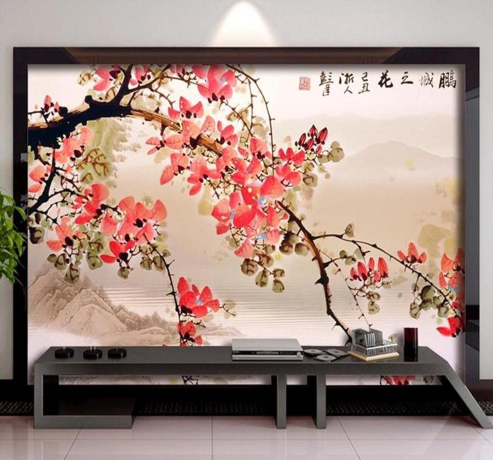 XLMING Hand Drawn Ink Pink Leaves Landscape 3D Wallpaper Luxury Silk Study Dining Feature Sofa Grey Bedroom Living Room Tv Decorative Wall-150cm×105cm