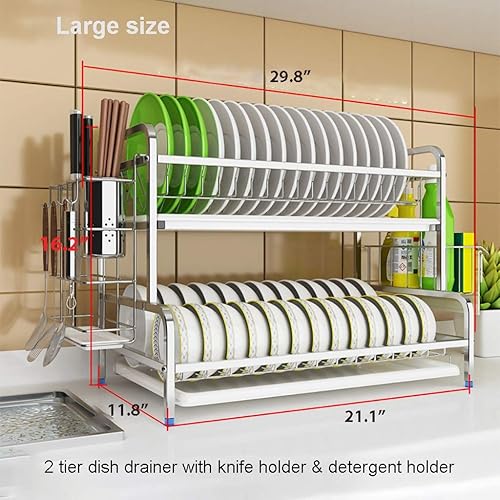 Miniatura 7 de Escurreplatos de 2 niveles y tabla de drenaje, de acero inoxidable 304 brillante, gran bandeja para secar platos, bandeja de almacenamiento para