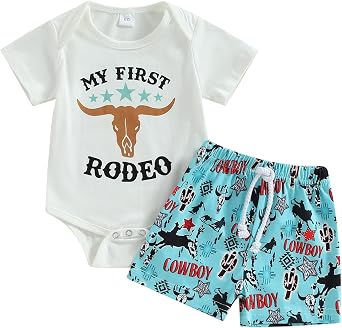 My First Rodeo Outfit Western Baby Boy Summer Clothes Short Sleeve T-Shirt and Shorts Set Toddler Cowboy Outfit Boy