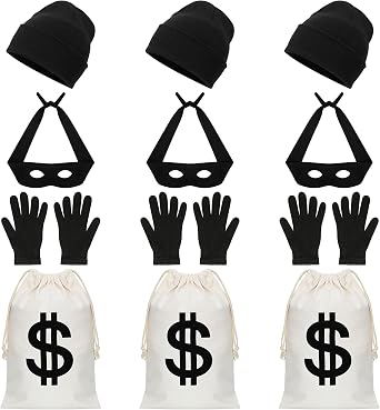 QZYL Robber Costume Set, Thief Cosplay Beanie Cap Gloves Eye Masks Canvas Money Bags for Halloween Burglar Theme Party