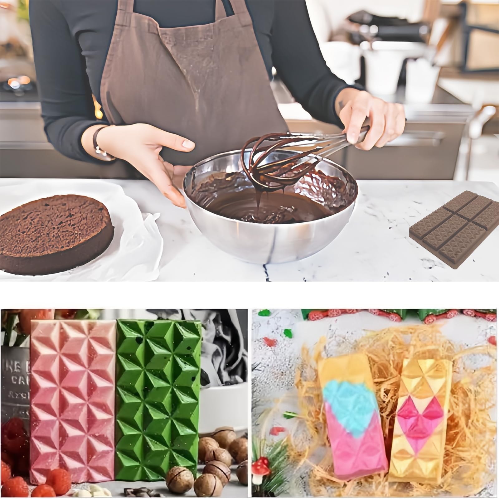 EnixwH 2 Pezzi Stampo per Cioccolato In Silicone per 10 Tavolette Di Cioccolato Fai Da Te, Silicone per Stampi, Stampo Silicone per Cioccolato, Stampi per Barrette Di Cioccolato Ripiene (Forma 6