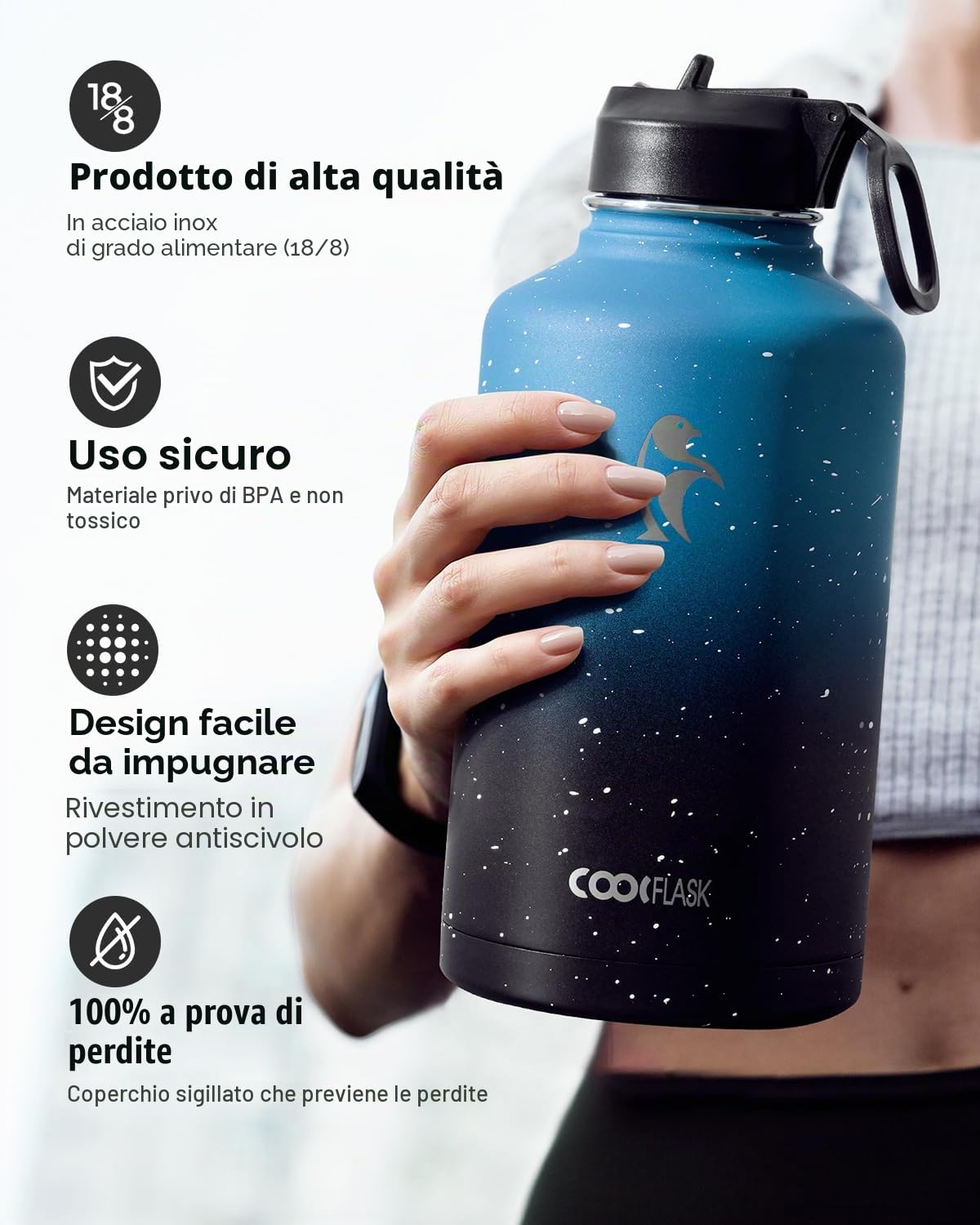 Coolflask Borraccia termica da 1,9 l, con cannuccia e 3 coperchi, brocca per l'acqua da 900 ml, in acciaio inox, per palestra, sport e viaggi, mantiene il freddo fino a 48 ore e caldo per 24 ore