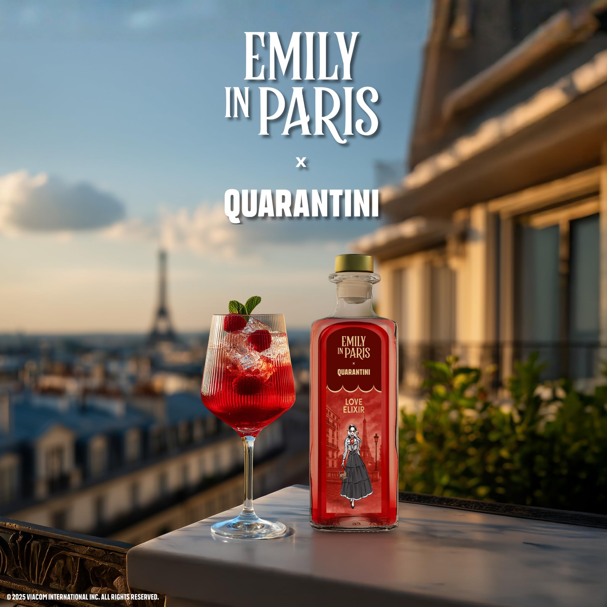 Quarantini Gin Emily in Paris Geschenkset | 500 ml Premium Gin Love Elixir 42% Vol. mit hochwertigen, fruchtigen Botanicals Amarena Kirsche, Roten Trauben, Tonka Bohne | Geschenkset inkl. Rezeptbuch