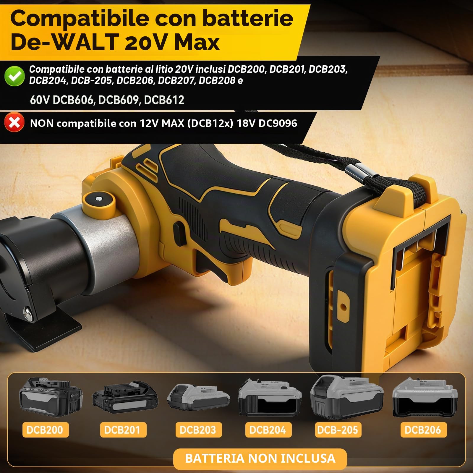 Levigatrice a nastro cordless compatibile con batteria Dewalt 20 V, levigatrice a cinghia senza spazzole regolabile a 360° da 0 a 13.000 giri/min con 20 nastri abrasivi per legno, metallo e plastica