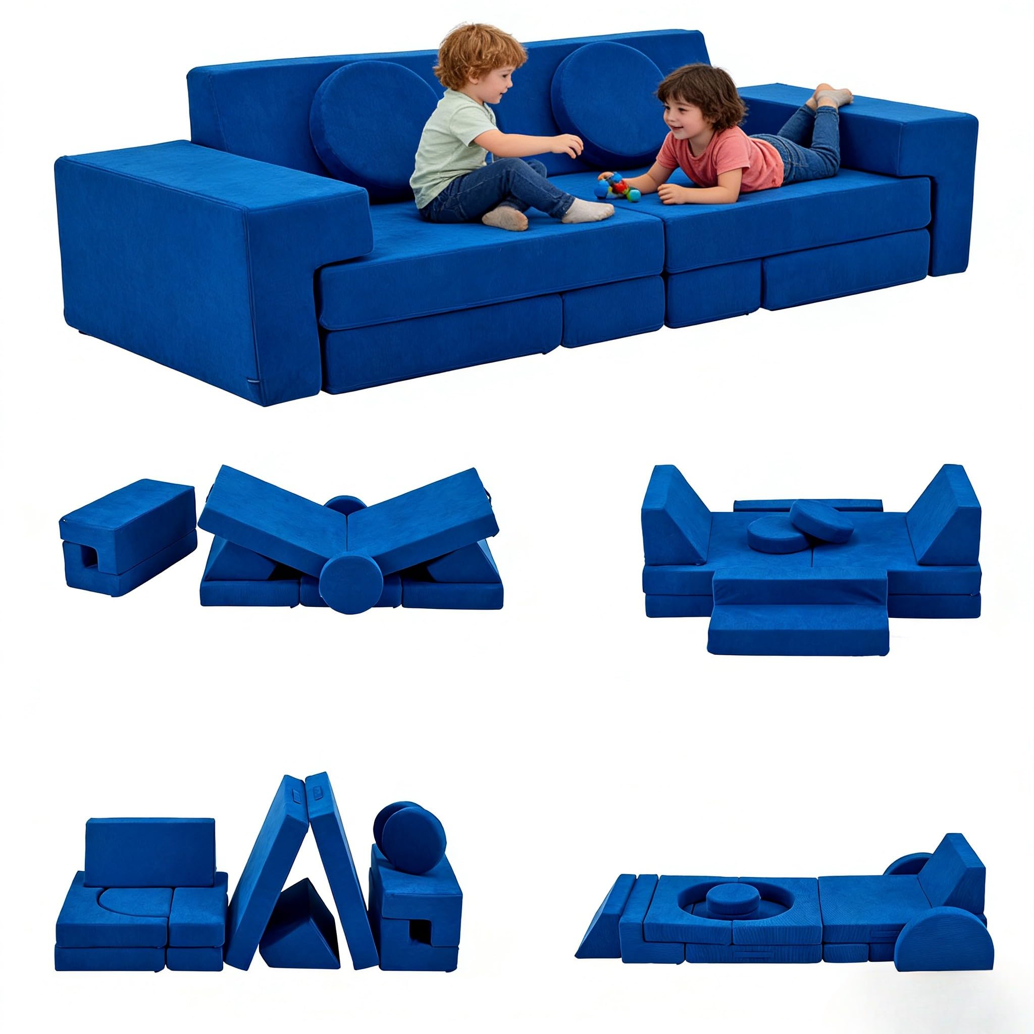 LALAHO Canape pour Enfant Modulaire，Chauffeuse 2 Places，Chauffeuse & Canapé Convertible Enfant，Velours Côtelé，Librement Combinable，pour Chambre d'enfant, Salle de Jeux，Chambre à Coucher（Bleu）