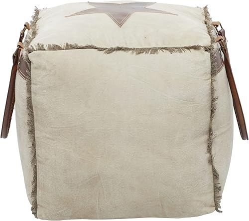 Miniatura 7 de Deco 79 Puf de lona con asas de cuero, 20 x 20 x 19 pulgadas, blanco