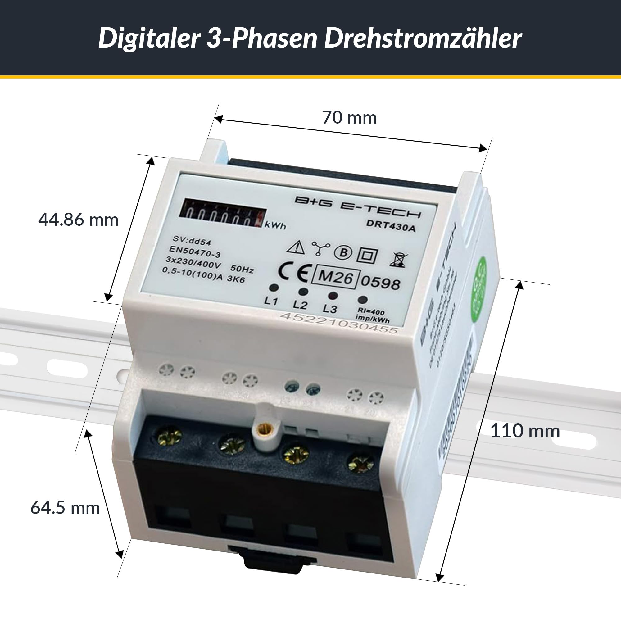 3-Phasen-Digitaler Drehstromzähler [DRT430A - MID 26] mit mechanischem Rollenzählwerk, MID-zertifiziert, Direktmessung bis 100A, 400V, S0-Impulsausgang, DIN-Schienenmontage