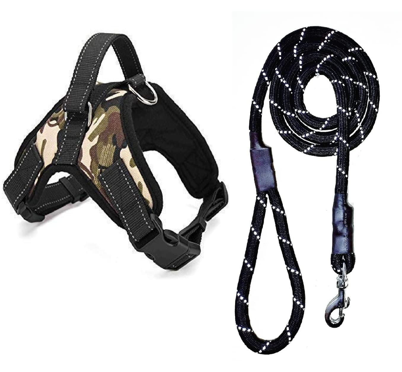 Dog Trust Soft and Durable K9 Police Dog Harness Vest with Black Rope Leash and Loop Straps and Handle and Adjustable (Army Print) Large Size