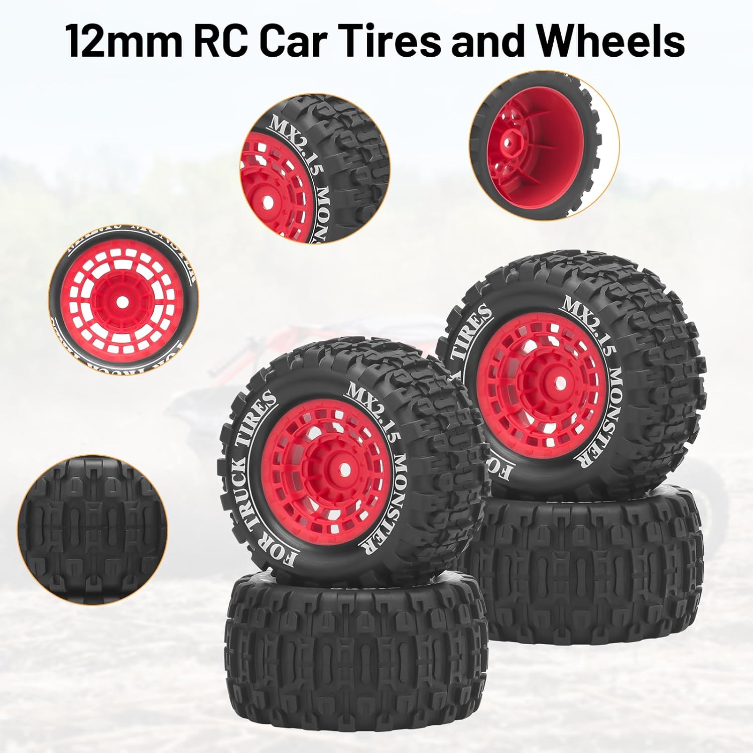 1/16 RC Car Tires and Wheels, daitoku 12mm Hex RC Truck Tires for MiniX Mini XRT 1/16 MJX 16207 16210 16209 16208 HSP 94186 Traxxas E-Revo LOSI 1/18 Mini LMT - Style B (Red)