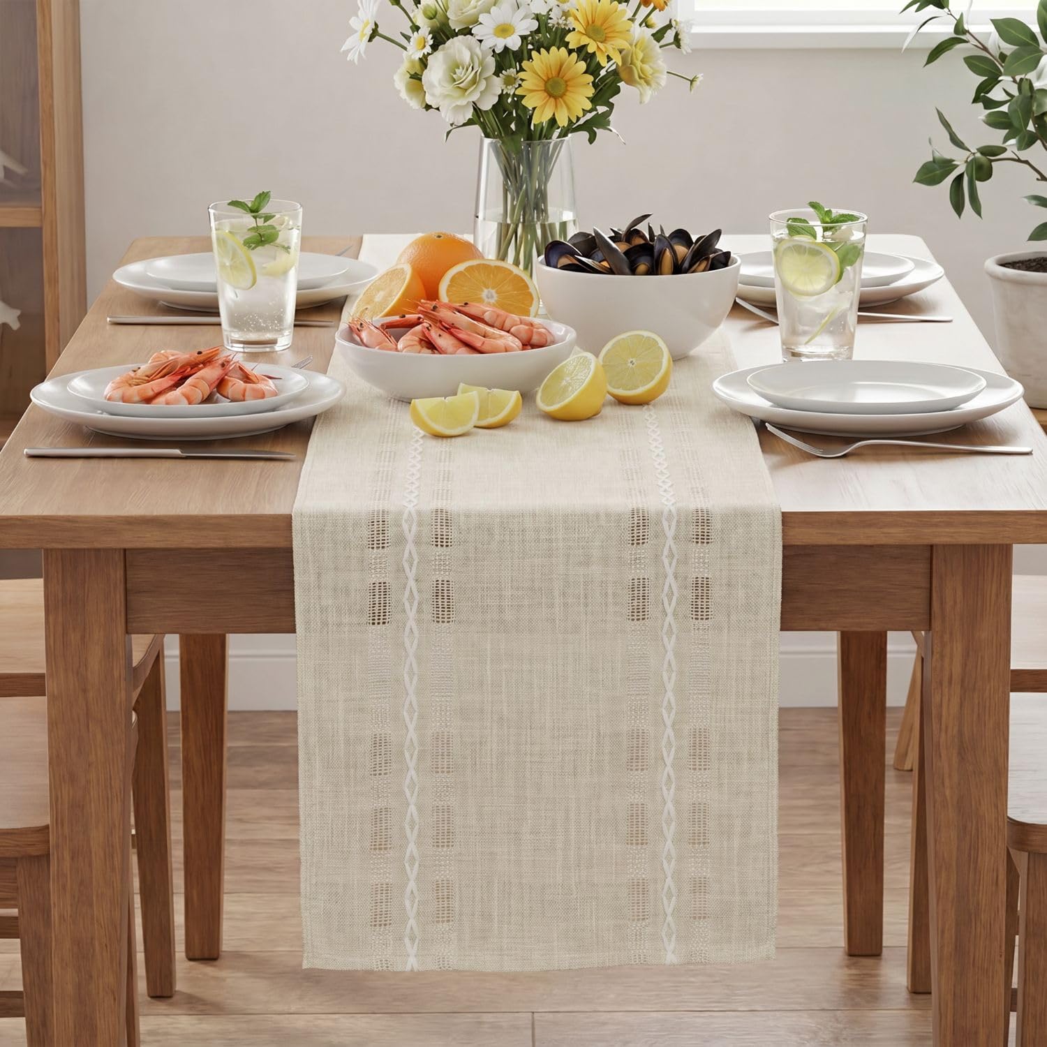 Artoid Mode Beige Embroidered Blend Farmhouse Hollow Table Runner, Seasonal Rustic Kitchen Dining Table Decoration for Home Party Decor 13x90 Inch