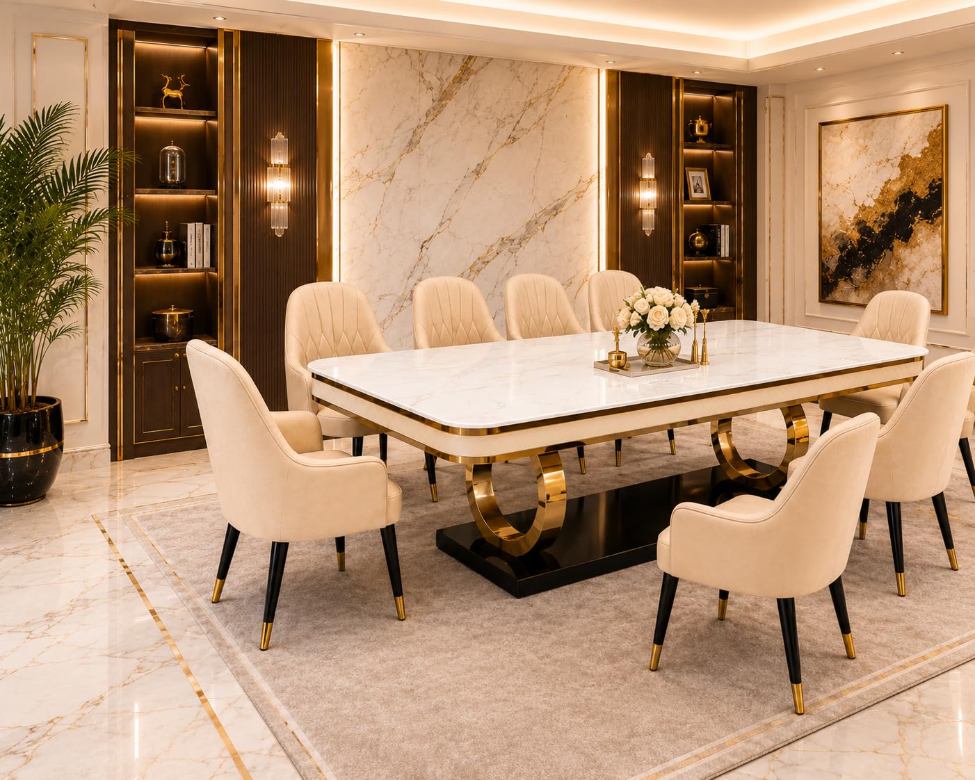8-Seater Dining Table with Nano Composite Marble Top and PVC Golden Wooden Base |2yr Warranty - Includes 8 Fabric Upholstered Chairs