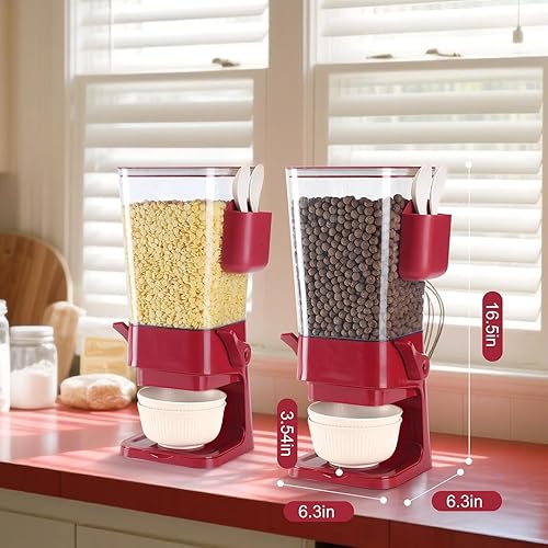 Miniatura 3 de Dispensador de cereales para encimera, color rojo, paquete de 2 con cuencos Creal, cucharas, caja de cubiertos, contenedores de cereales,