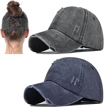 Womens Criss Cross Hat Vintage Washed Cotton Distressed Baseball Cap Ponytail Hat High Messy Bun Ponycap