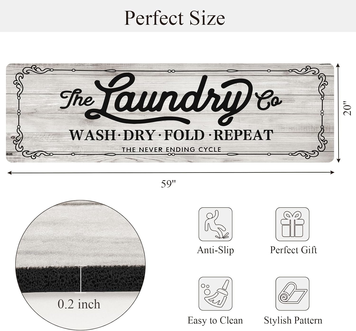 Pauwer Laundry Room Rug Runner 20"x60" Waterproof Rubber Laundry Mat Non Slip Kitchen Mats for Floor Washable Floor Mat Runner Rug for Farmhouse Mudroom Washroom Bathroom Decor