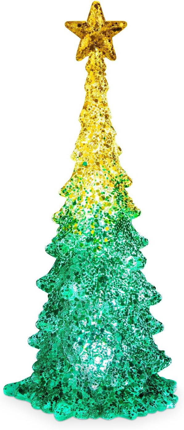 11 Inch Tabletop Christmas Tree with Sparkling Glitter - Battery Operated Acrylic Lighted Christmas Tree for Home Office Fireplace Christmas Holiday Decoration Festive Decor Gift, White Glow Gold and Green + White Led