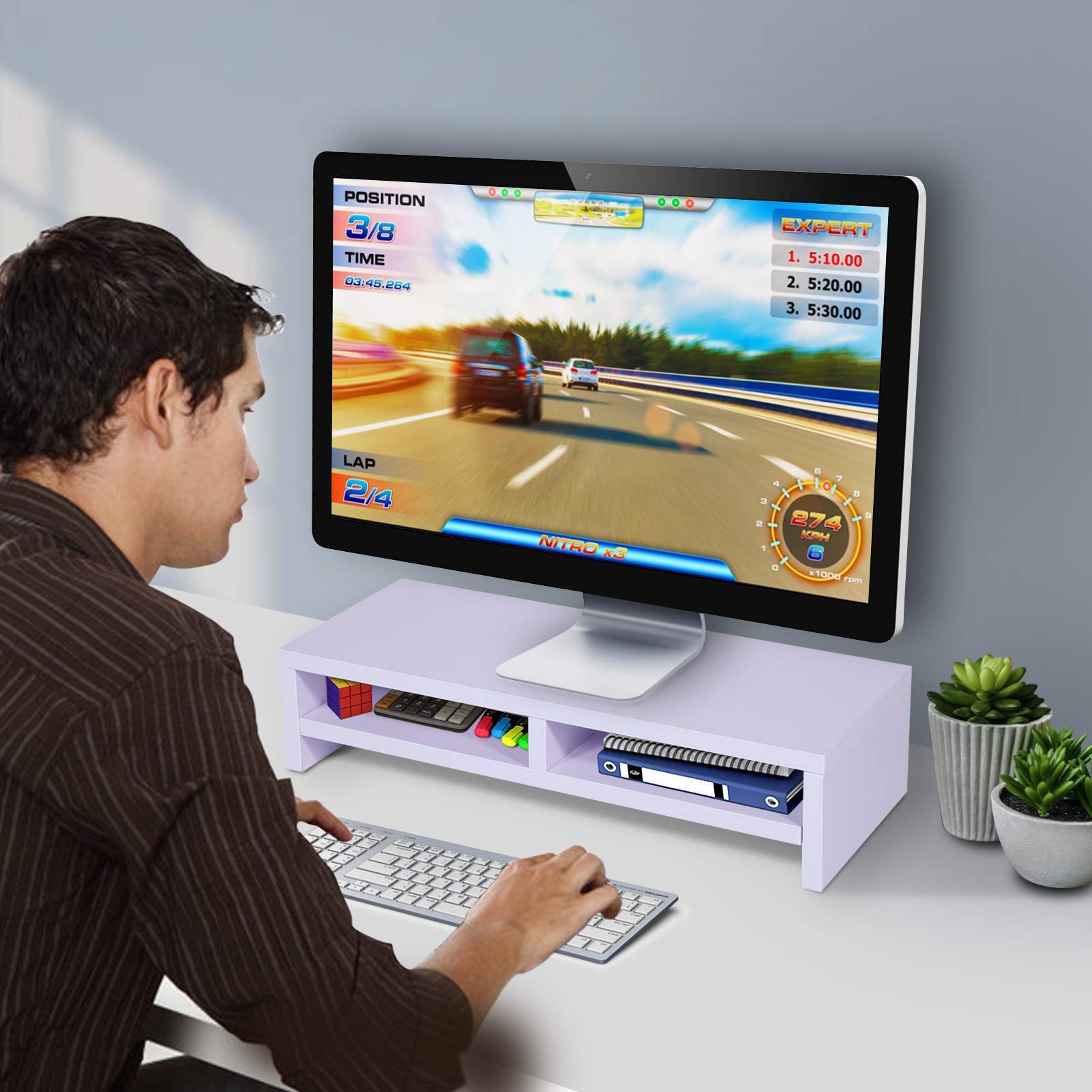 Monitorständer aus Holz, 2 Ebenen, für Fernseher und Laptop