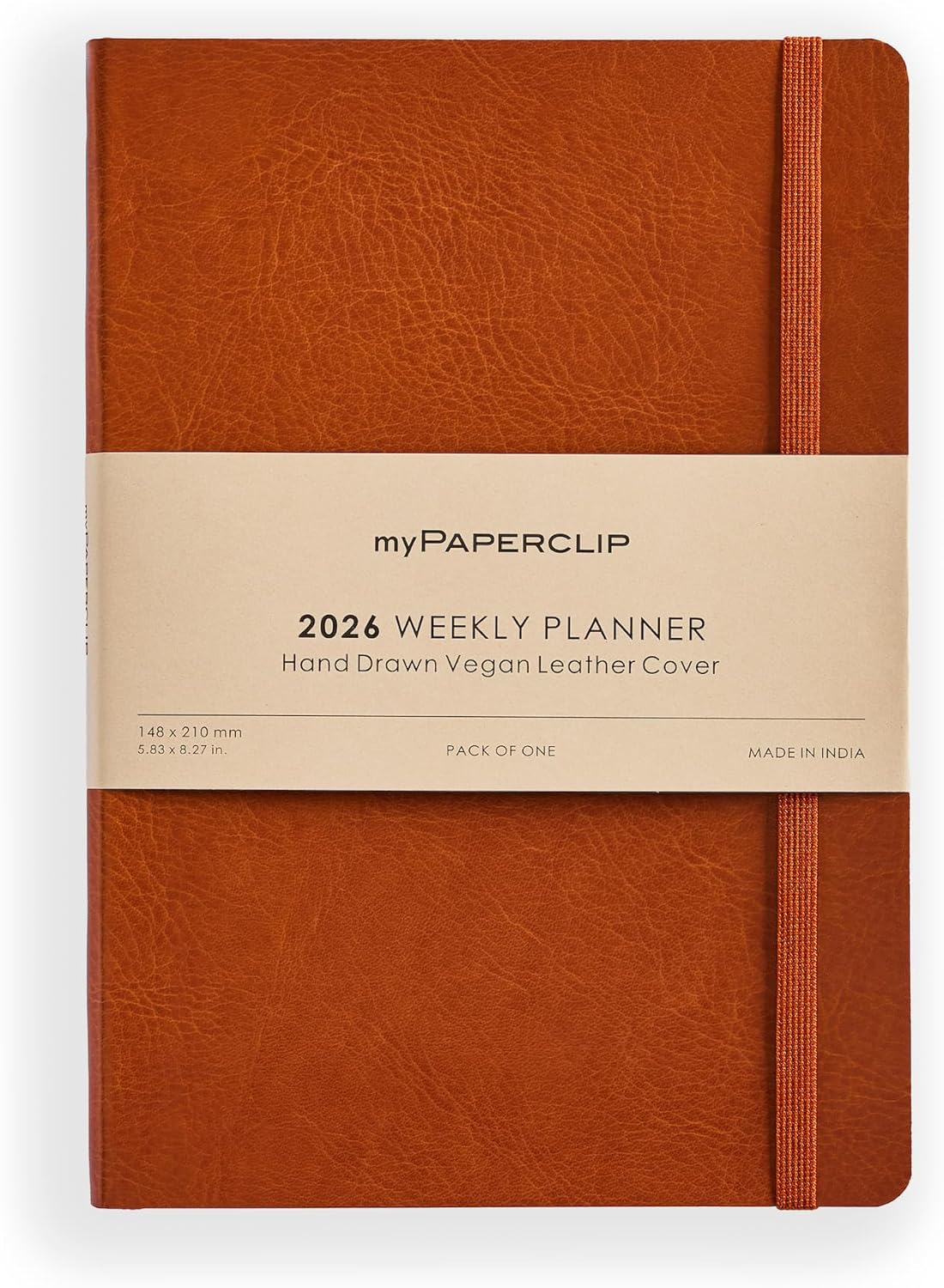 myPAPERCLIP 2026 Weekly Planner | Italian Vegan Leather Cover, 192 Pages, 80 GSM, A5 (5.83 x 8.27 in) | Flat Lay | Yearly Calendar, Monthly Overview & Weekly Planner Layout | Tan